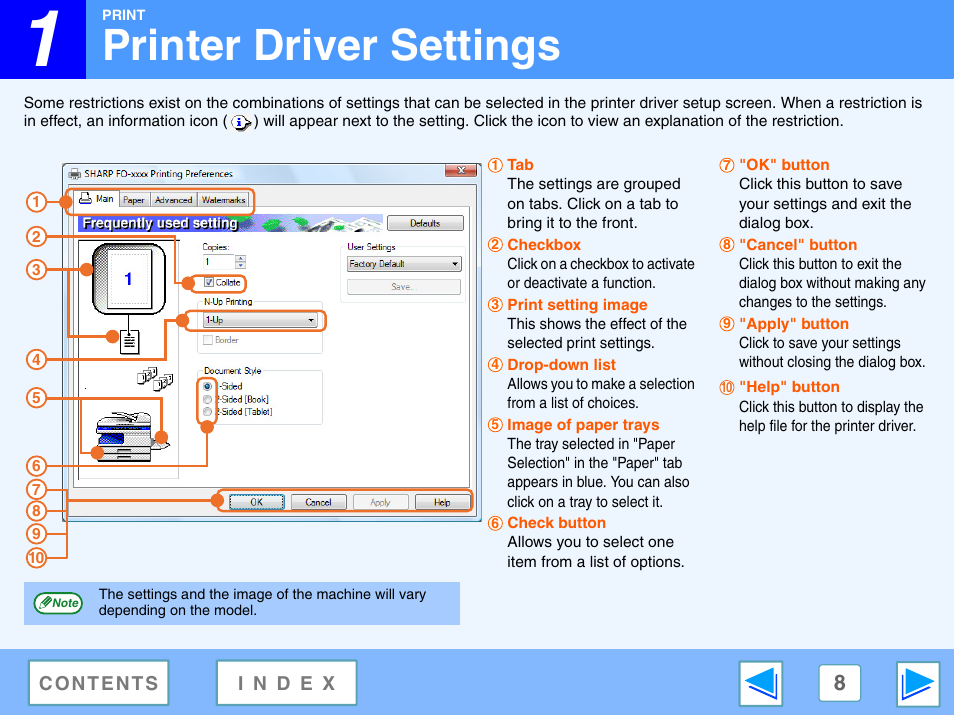 Printer driver settings | Sony FO-2080 User Manual | Page 8 / 41