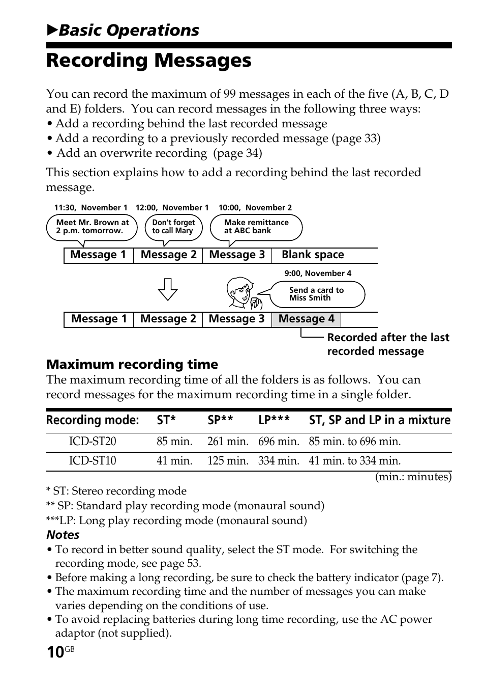 Basic operations, Recording messages, Bbasic operations | Sony ICD-ST20 User Manual | Page 10 / 68