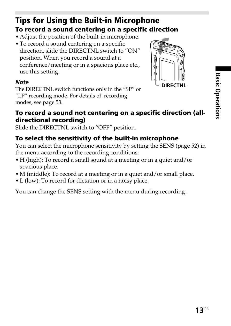 Tips for using the built-in microphone | Sony ICD-ST20 User Manual | Page 13 / 68