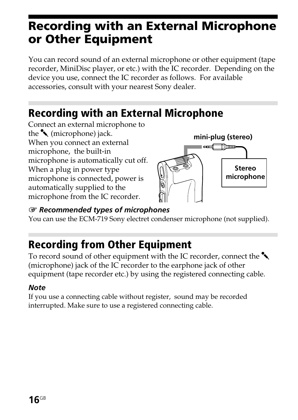 Recording with an external microphone, Recording from other equipment | Sony ICD-ST20 User Manual | Page 16 / 68