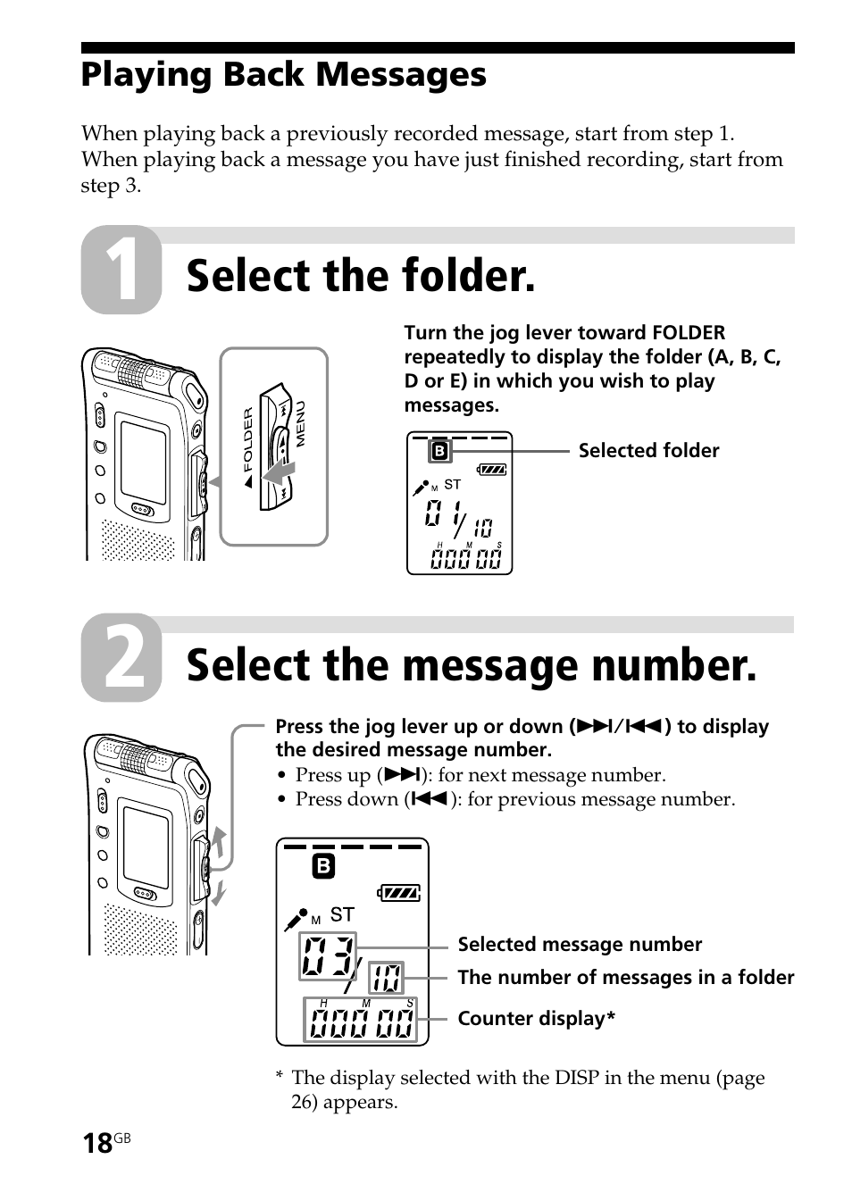 Playing back messages, Select the folder, Select the message number | Sony ICD-ST20 User Manual | Page 18 / 68