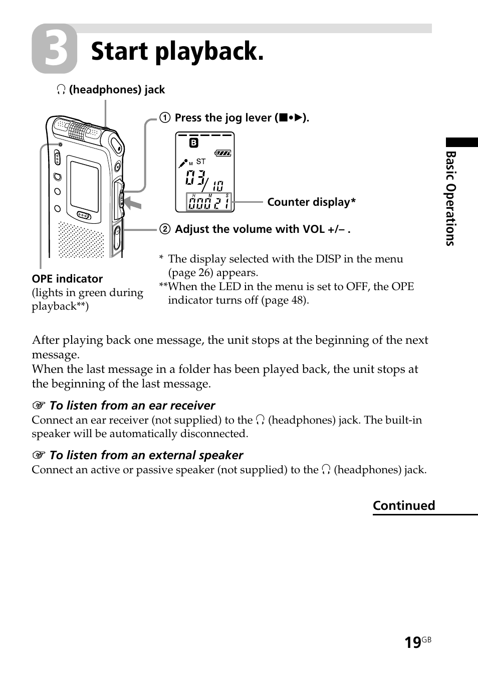 Start playback | Sony ICD-ST20 User Manual | Page 19 / 68