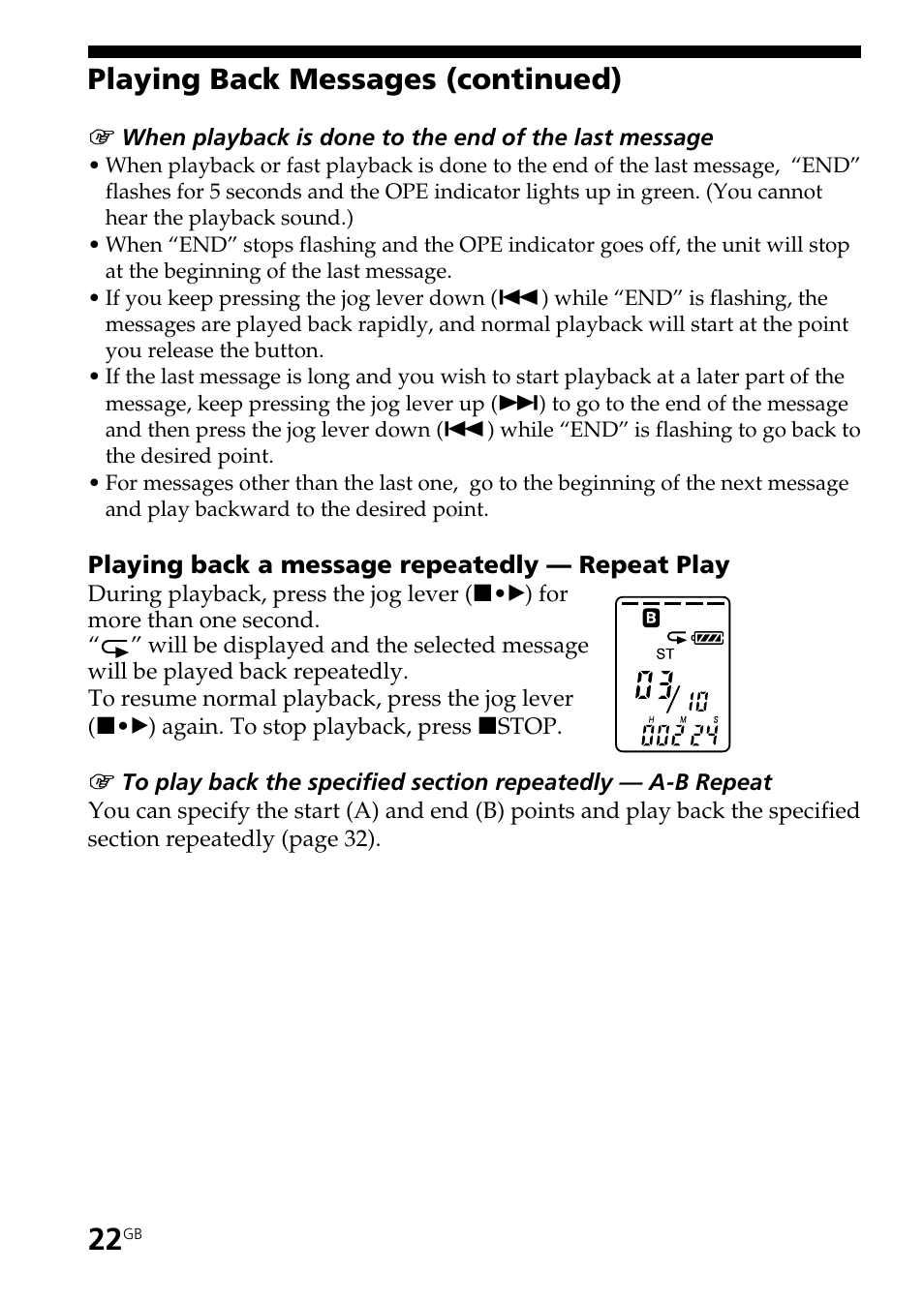 Playing back messages (continued) | Sony ICD-ST20 User Manual | Page 22 / 68