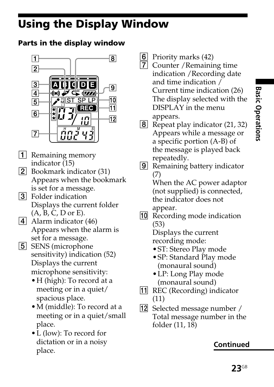 Using the display window | Sony ICD-ST20 User Manual | Page 23 / 68