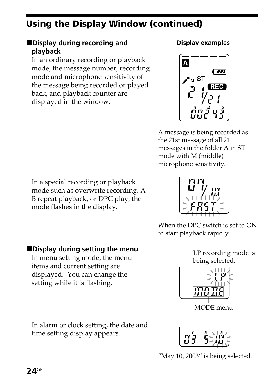 Using the display window (continued) | Sony ICD-ST20 User Manual | Page 24 / 68