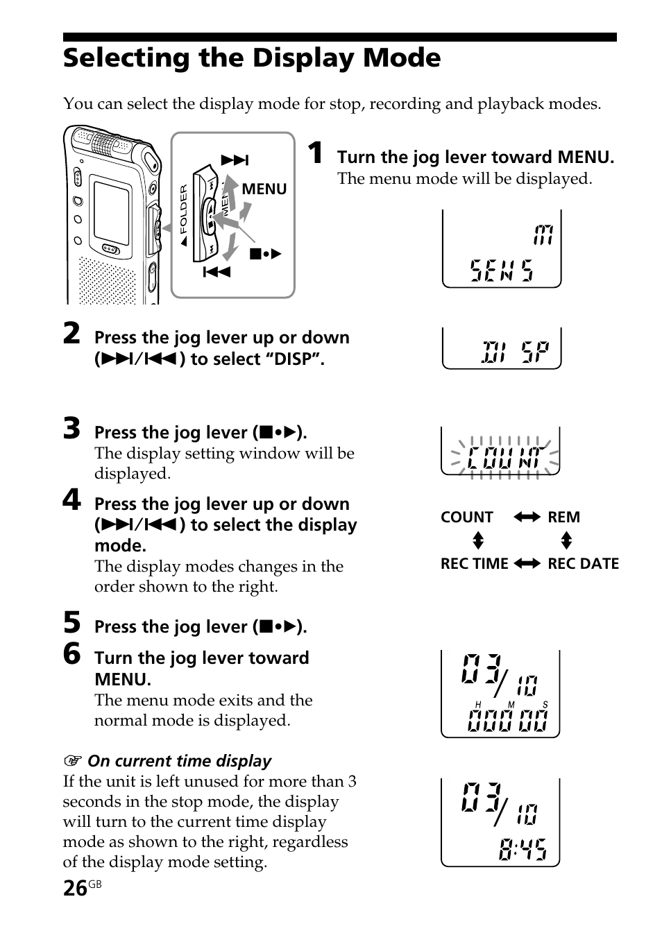 Selecting the display mode | Sony ICD-ST20 User Manual | Page 26 / 68