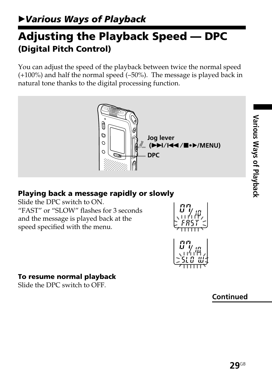 Various ways of playback, Adjusting the playback speed — dpc, Bvarious ways of playback | Sony ICD-ST20 User Manual | Page 29 / 68