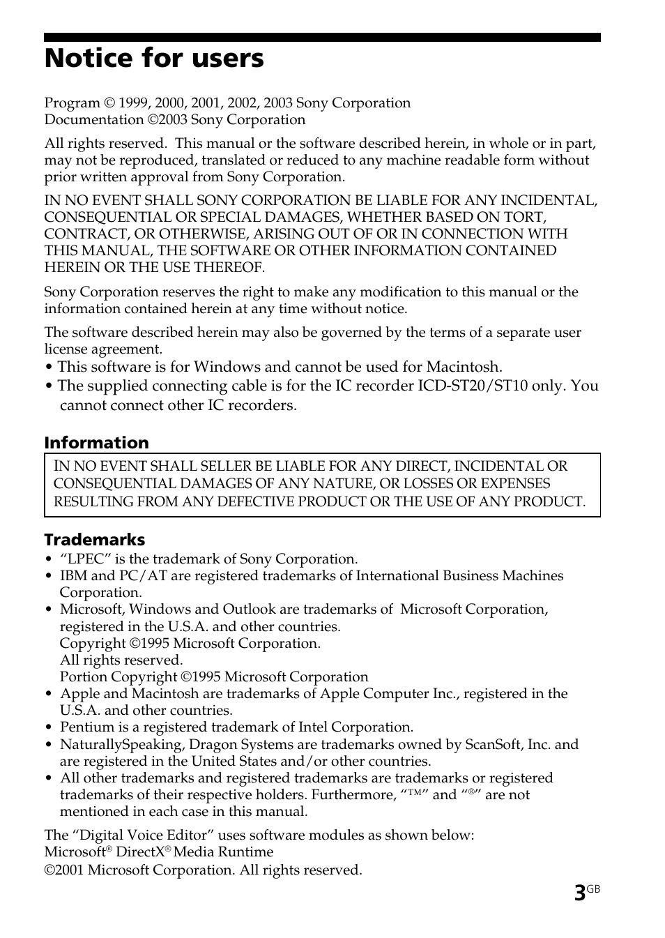 Notice for users | Sony ICD-ST20 User Manual | Page 3 / 68