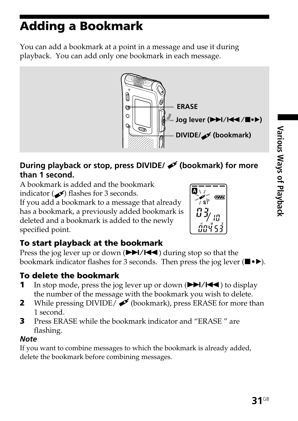 Adding a bookmark | Sony ICD-ST20 User Manual | Page 31 / 68