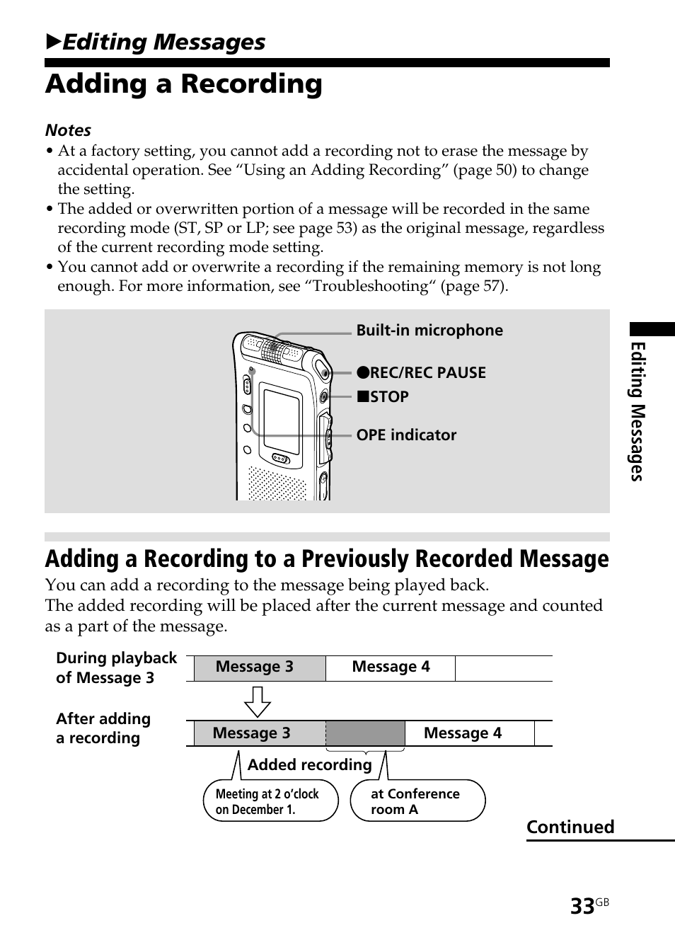 Editing messages, Adding a recording, Bediting messages | Sony ICD-ST20 User Manual | Page 33 / 68