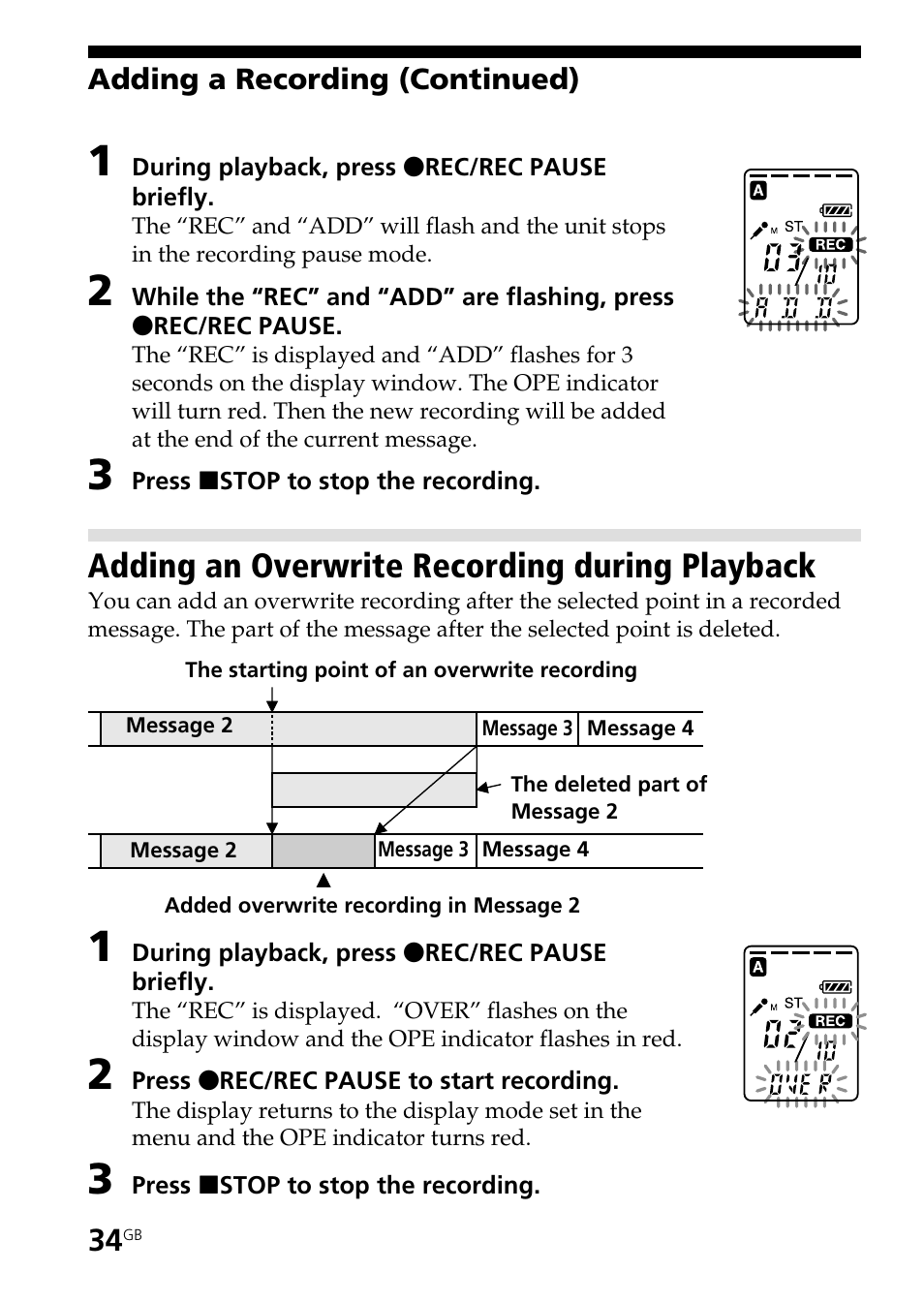 Adding an overwrite recording during playback | Sony ICD-ST20 User Manual | Page 34 / 68