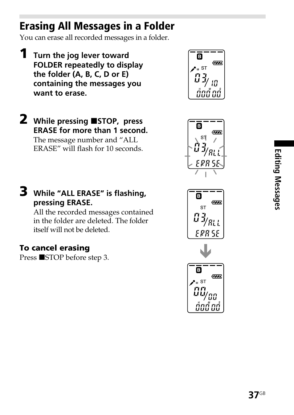 Erasing all messages in a folder | Sony ICD-ST20 User Manual | Page 37 / 68