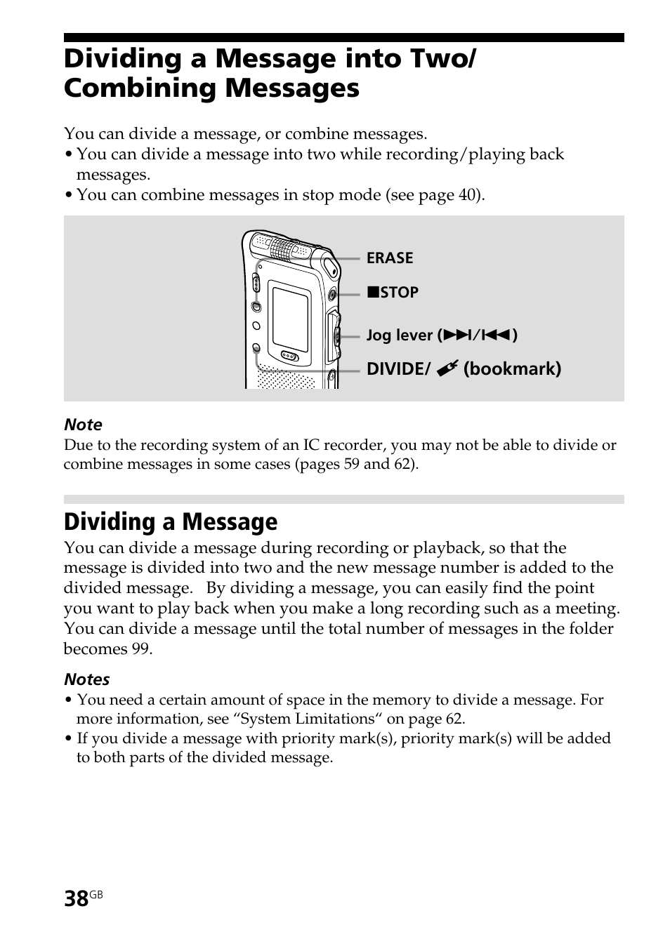 Dividing a message into two/combining messages, Dividing a message, Dividing a message into two/ combining messages | Sony ICD-ST20 User Manual | Page 38 / 68