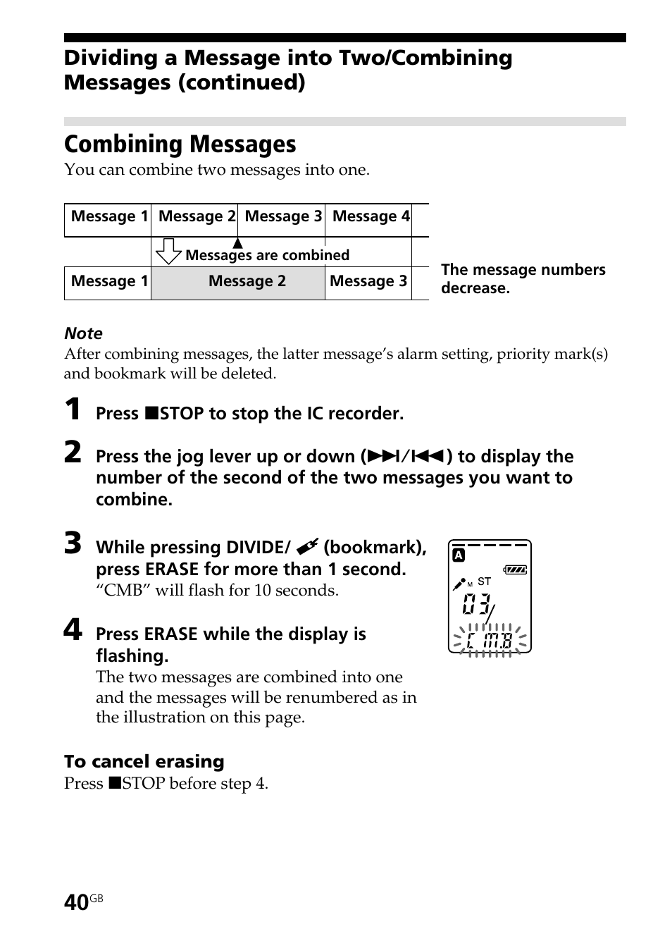 Combining messages | Sony ICD-ST20 User Manual | Page 40 / 68