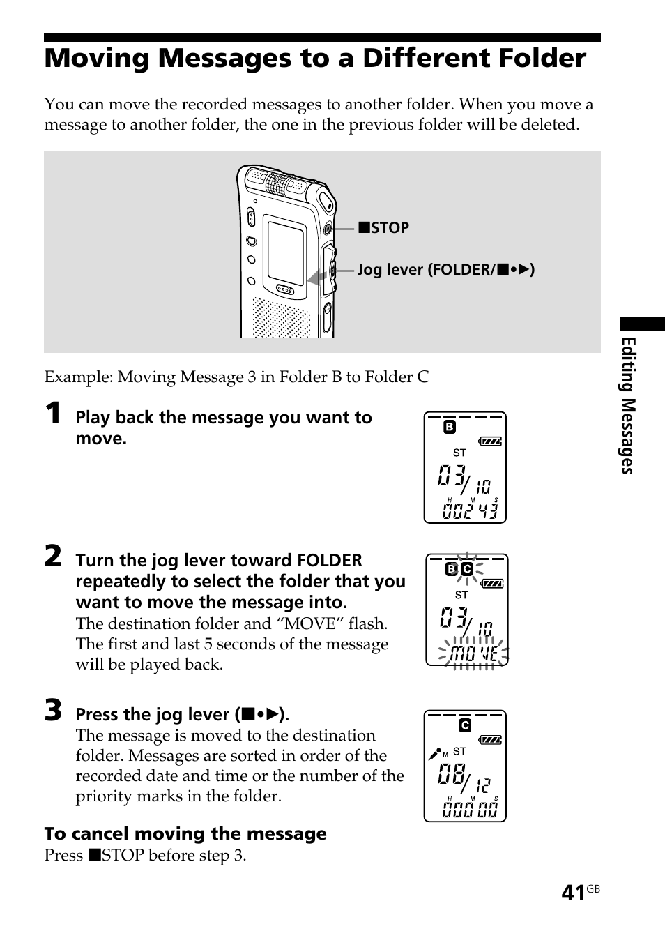 Moving messages to a different folder | Sony ICD-ST20 User Manual | Page 41 / 68