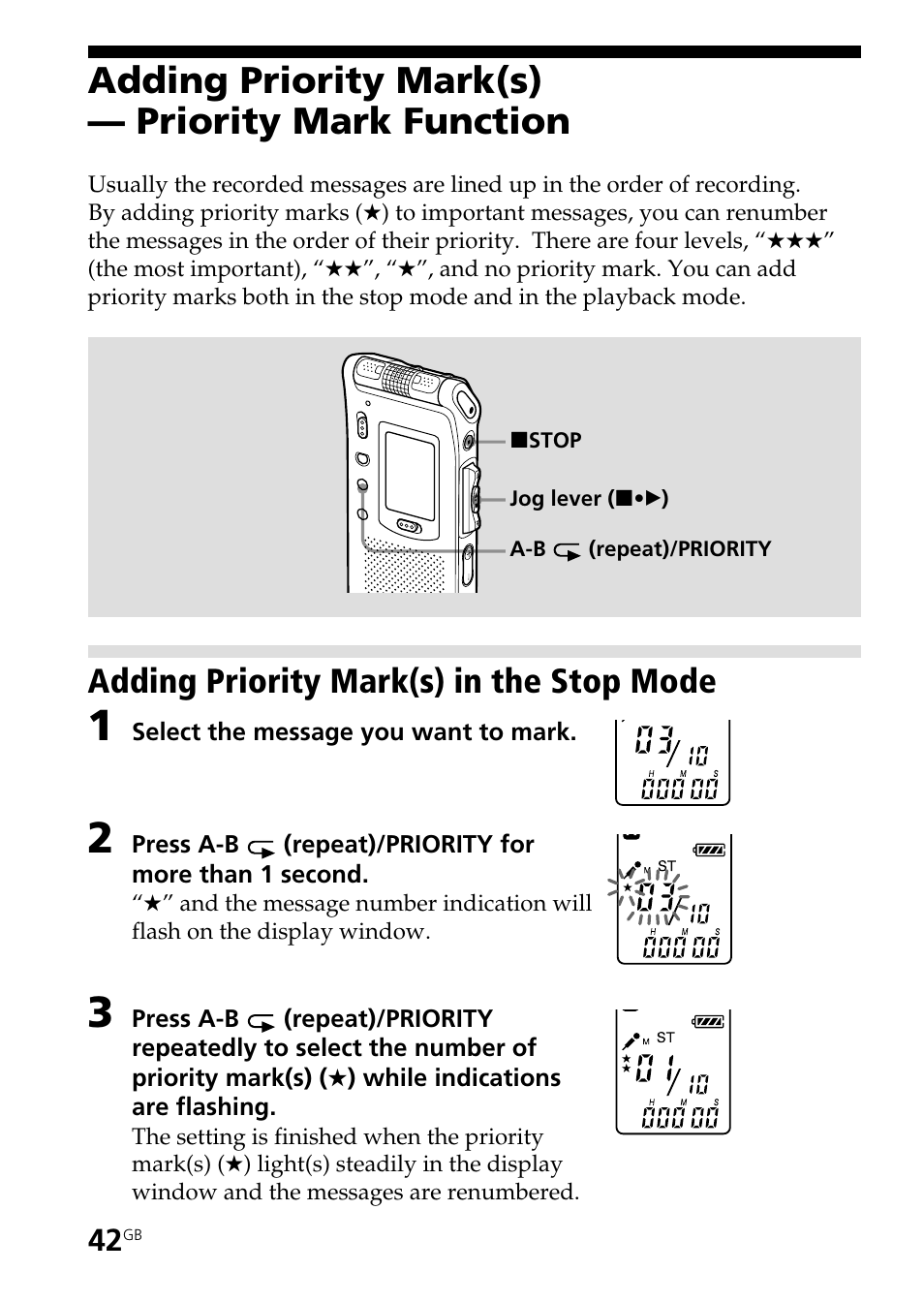 Adding priority mark(s) — priority mark function, Adding priority mark(s) in the stop mode | Sony ICD-ST20 User Manual | Page 42 / 68