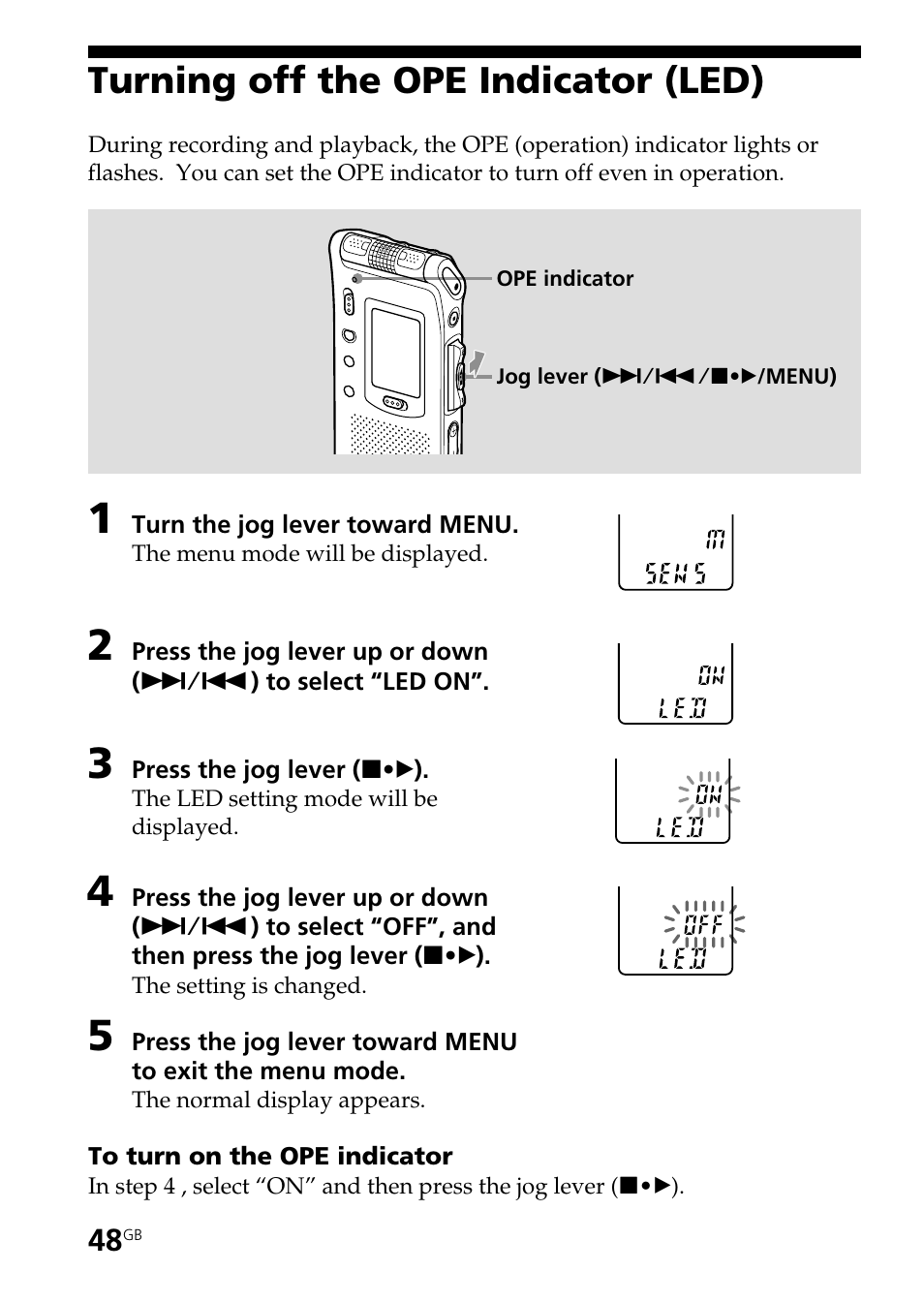 Turning off the ope indicator (led) | Sony ICD-ST20 User Manual | Page 48 / 68