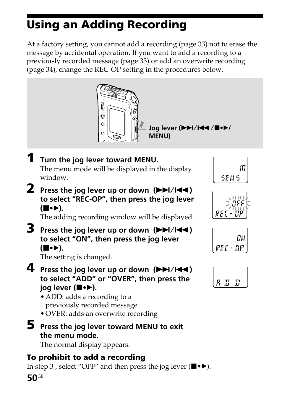 Using an adding recording | Sony ICD-ST20 User Manual | Page 50 / 68