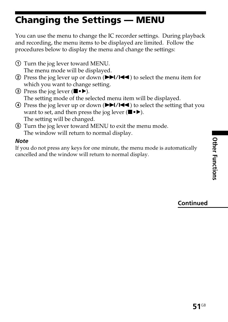 Changing the settings — menu | Sony ICD-ST20 User Manual | Page 51 / 68