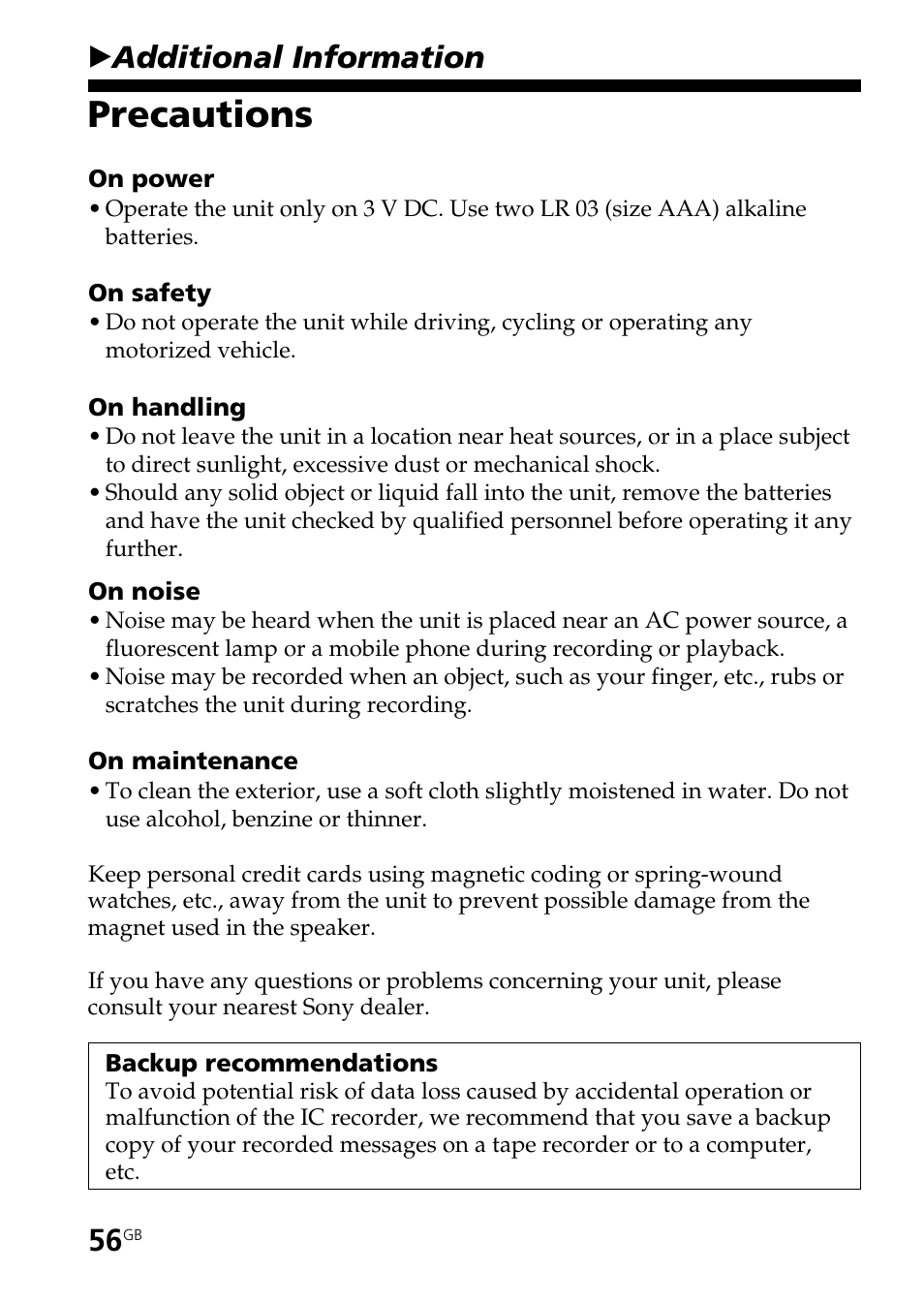 Additional information, Precautions, Badditional information | Sony ICD-ST20 User Manual | Page 56 / 68