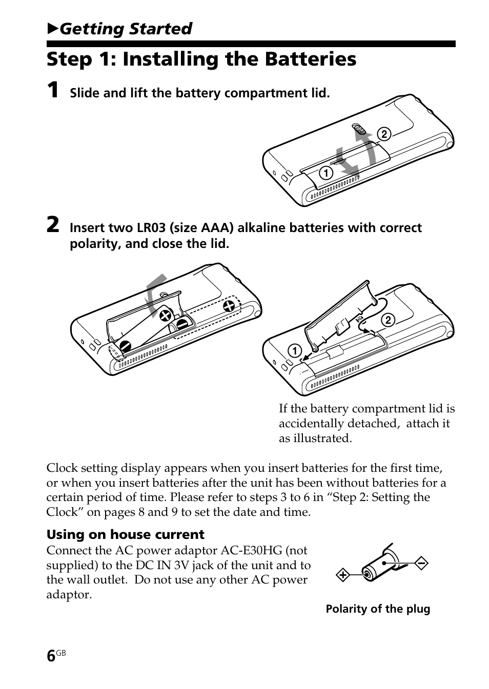 Step 1: installing the batteries | Sony ICD-ST20 User Manual | Page 6 / 68