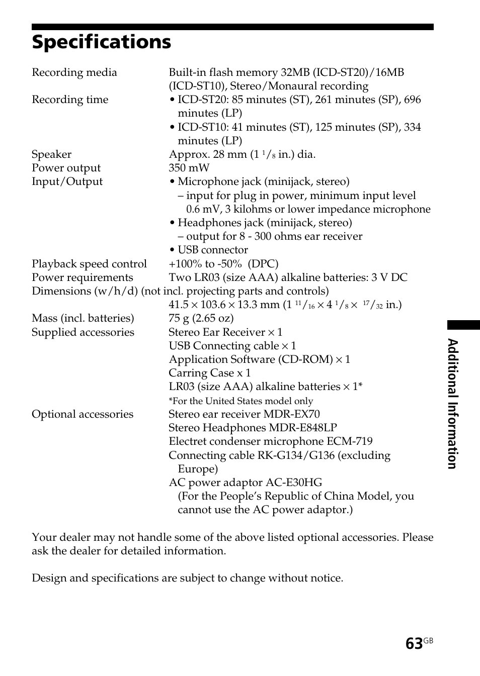 Specifications, Additional informatio n | Sony ICD-ST20 User Manual | Page 63 / 68