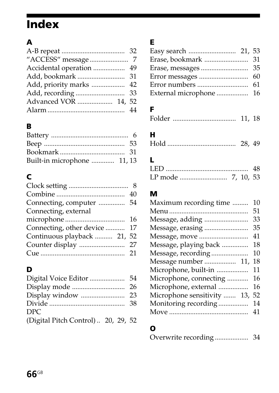 Index | Sony ICD-ST20 User Manual | Page 66 / 68