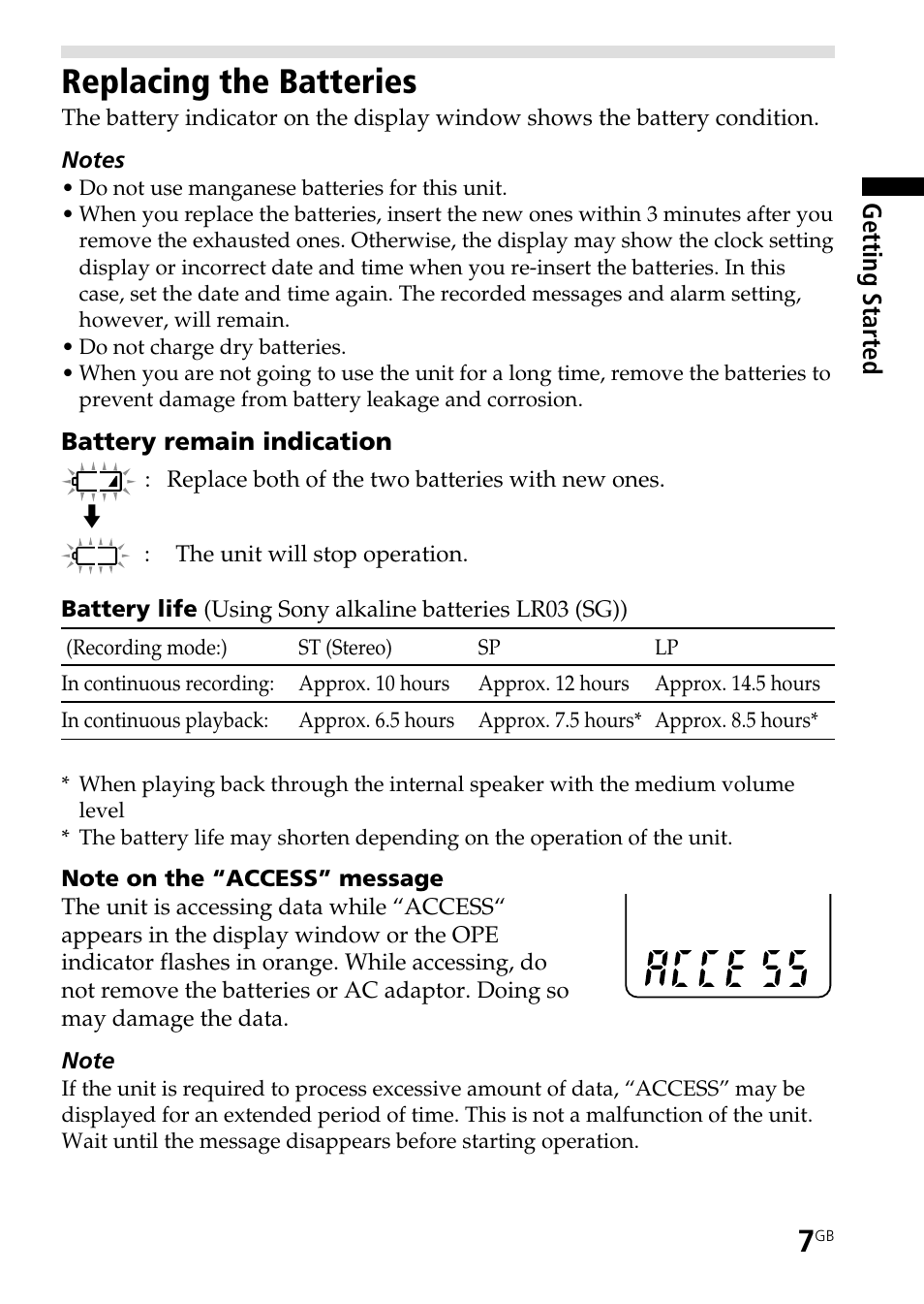 Replacing the batteries | Sony ICD-ST20 User Manual | Page 7 / 68