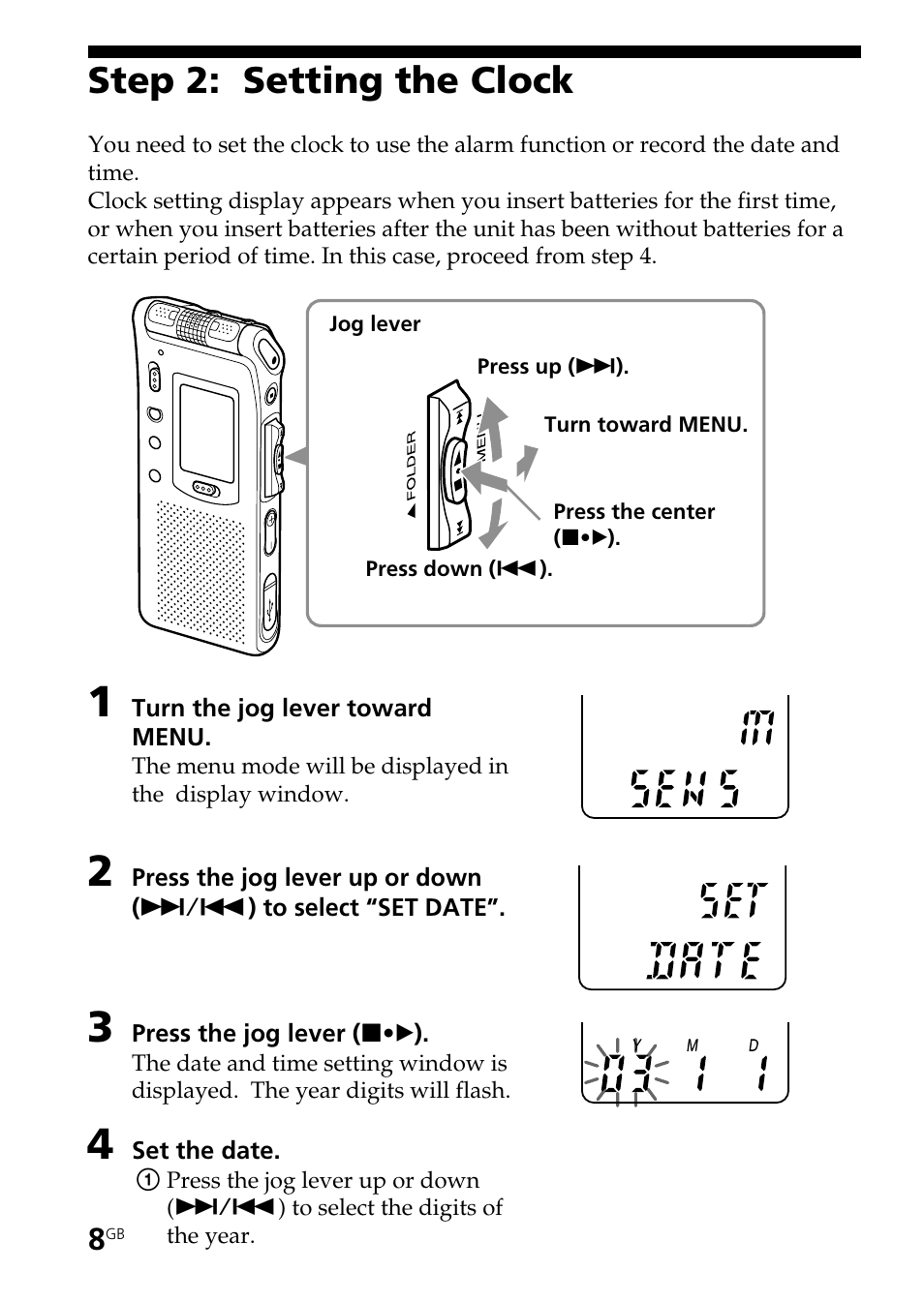 Step 2: setting the clock | Sony ICD-ST20 User Manual | Page 8 / 68