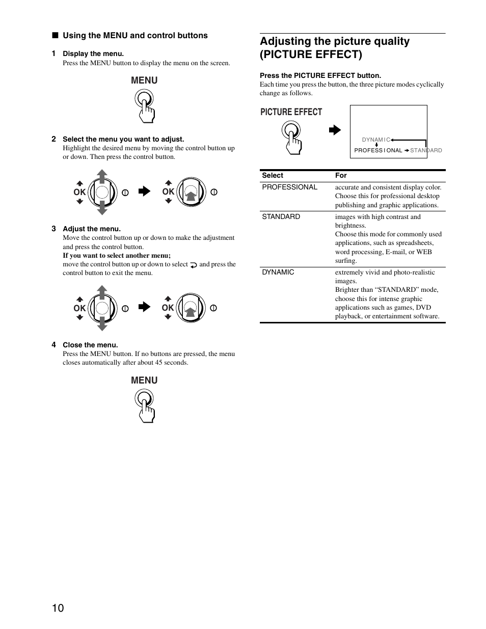 Adjusting the picture quality (picture effect) | Sony CPD-G420S User Manual | Page 10 / 64