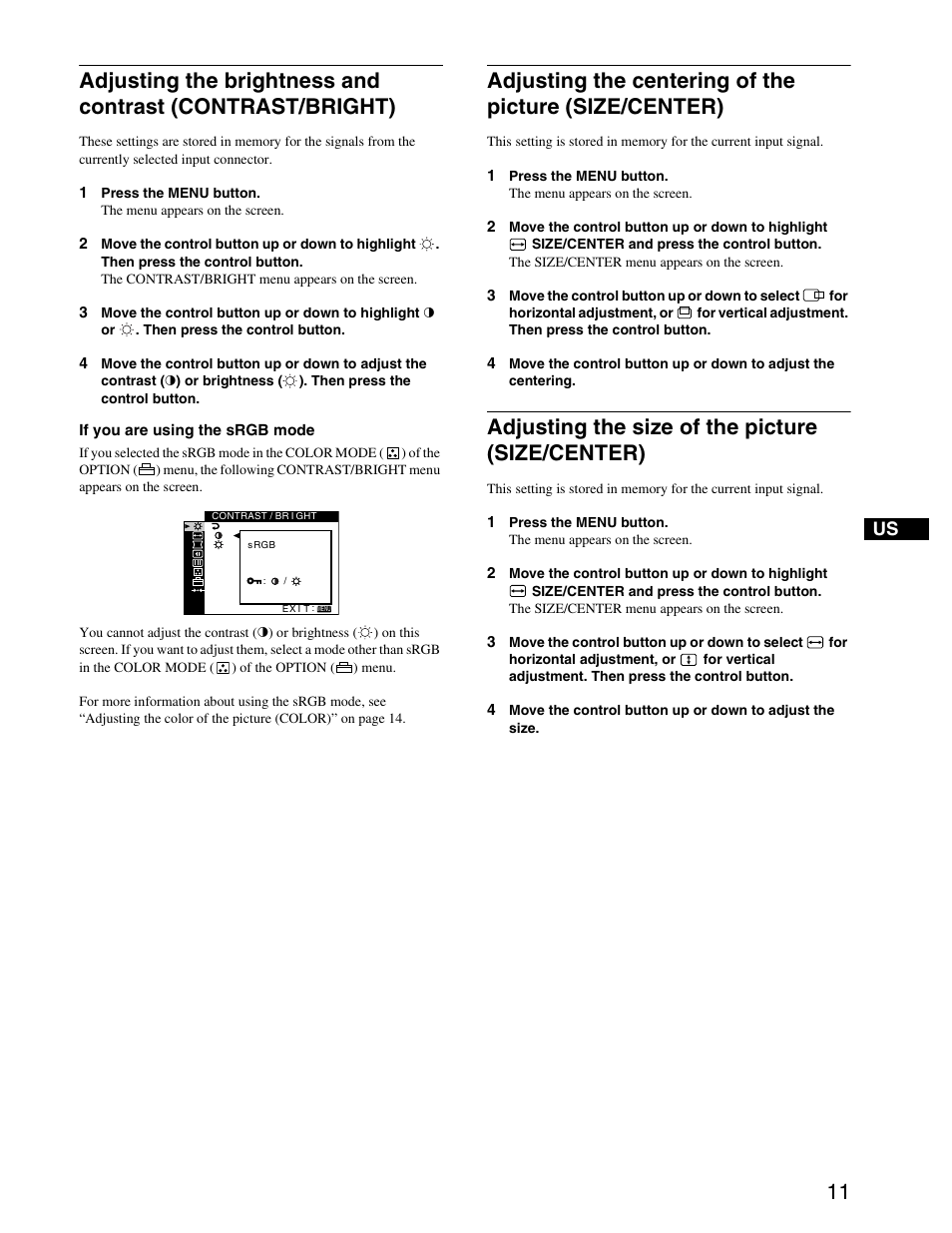 Adjusting the size of the picture (size/center) | Sony CPD-G420S User Manual | Page 11 / 64