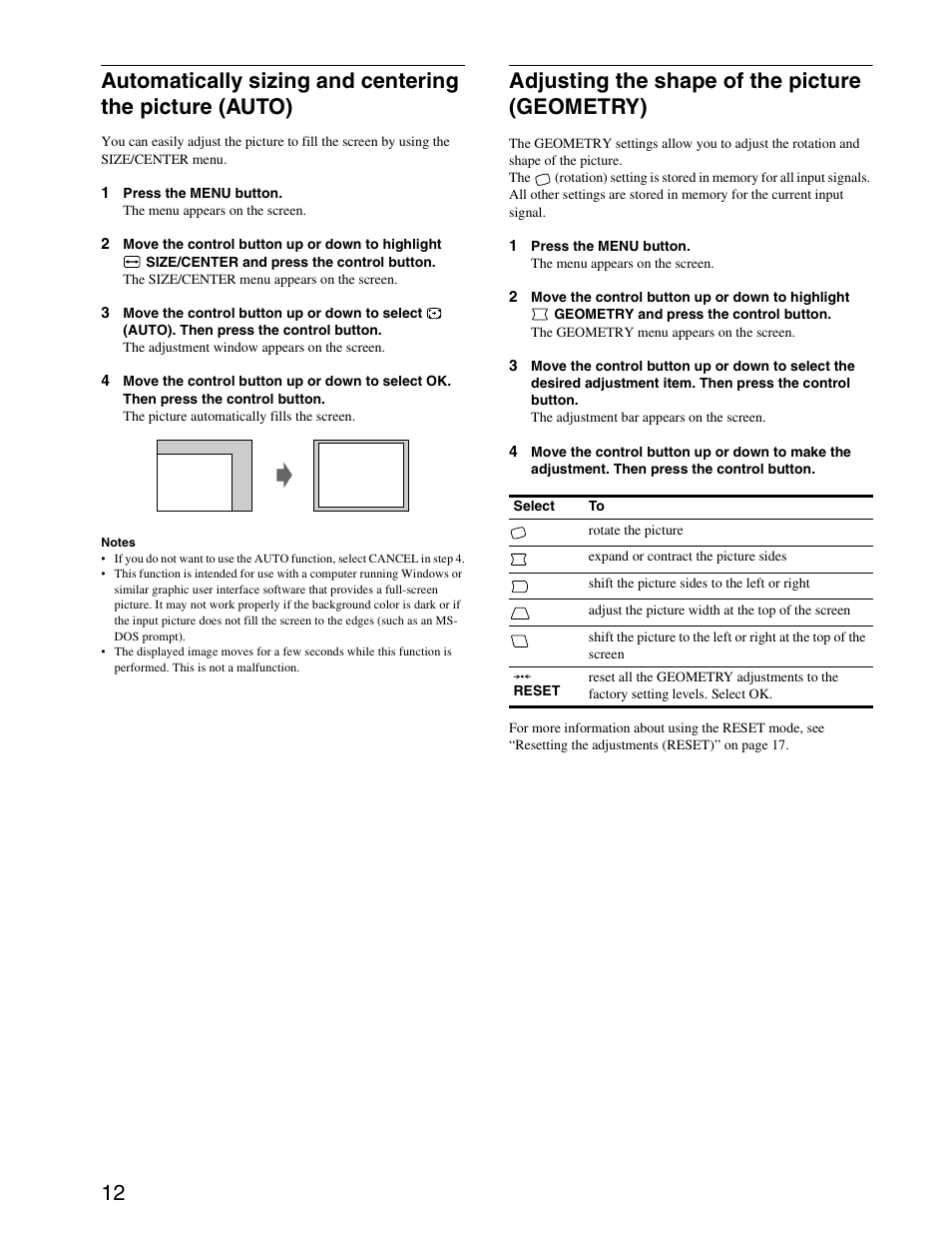 Adjusting the shape of the picture (geometry) | Sony CPD-G420S User Manual | Page 12 / 64