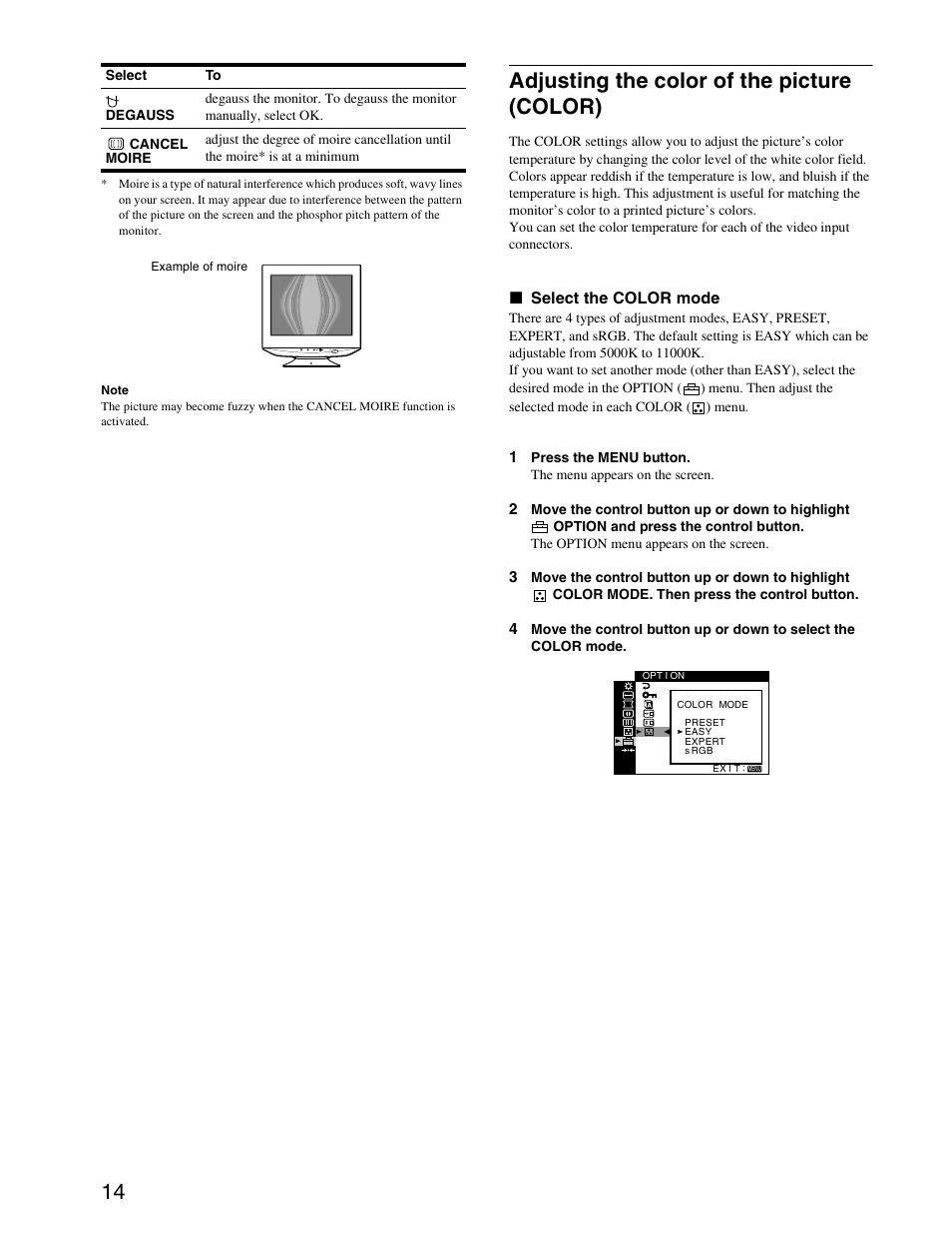 Adjusting the color of the picture (color) | Sony CPD-G420S User Manual | Page 14 / 64