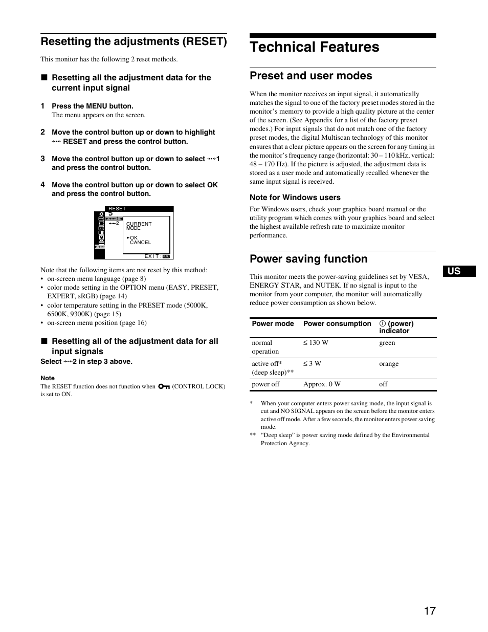 Resetting the adjustments (reset), Technical features, Preset and user modes | Power saving function, Preset and user modes power saving function | Sony CPD-G420S User Manual | Page 17 / 64