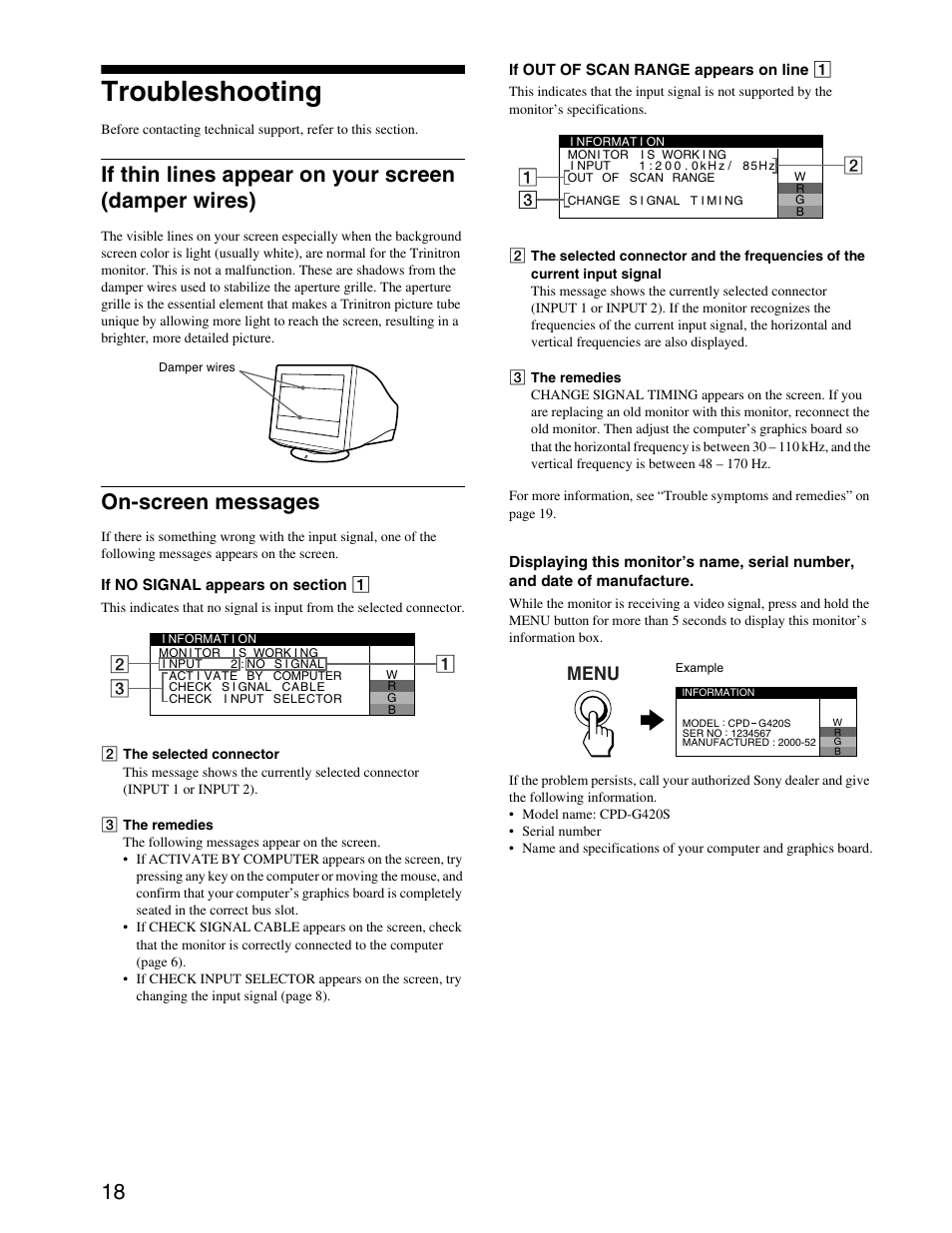 Troubleshooting, If thin lines appear on your screen (damper wires), On-screen messages | Menu | Sony CPD-G420S User Manual | Page 18 / 64