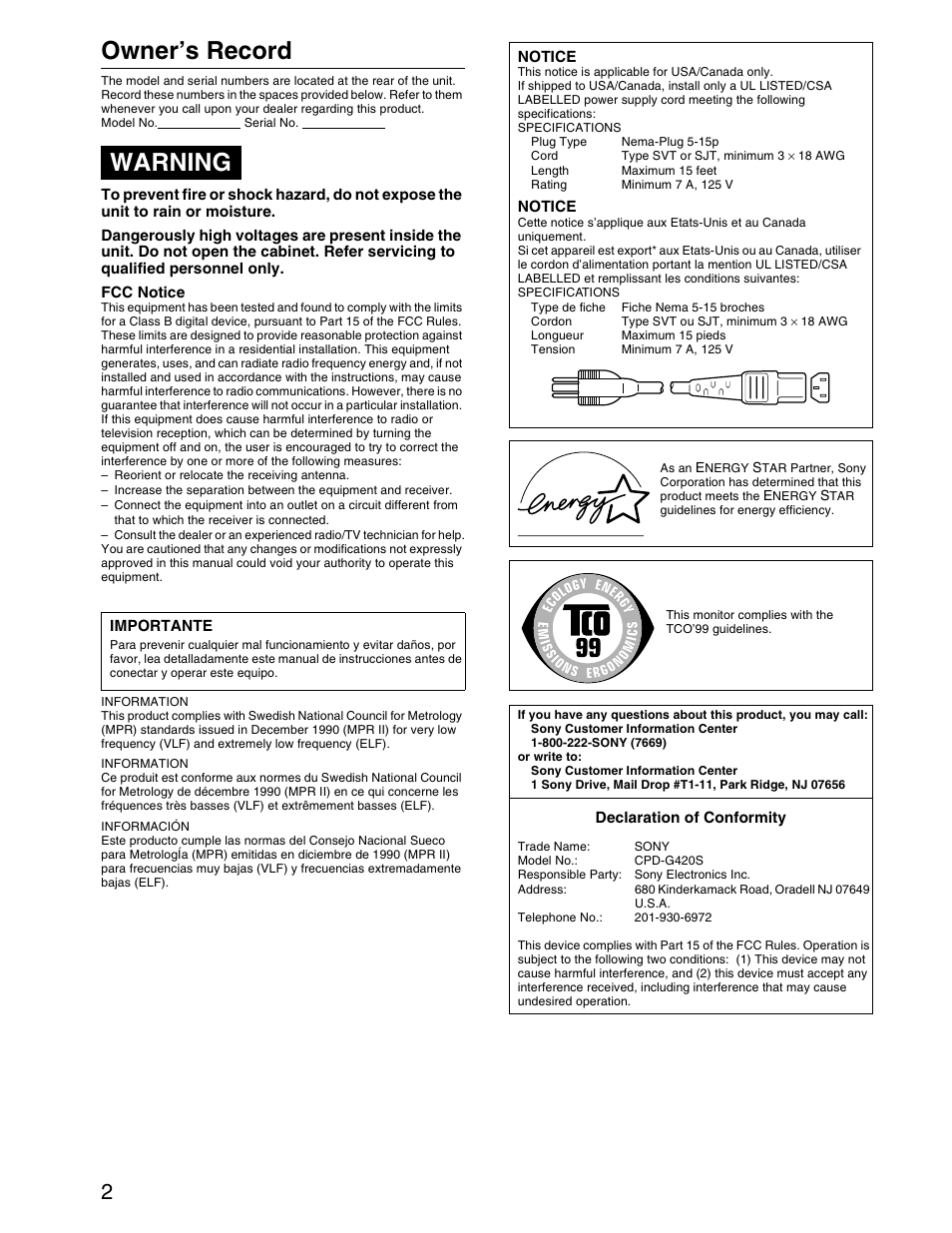 Owner’s record, Warning | Sony CPD-G420S User Manual | Page 2 / 64