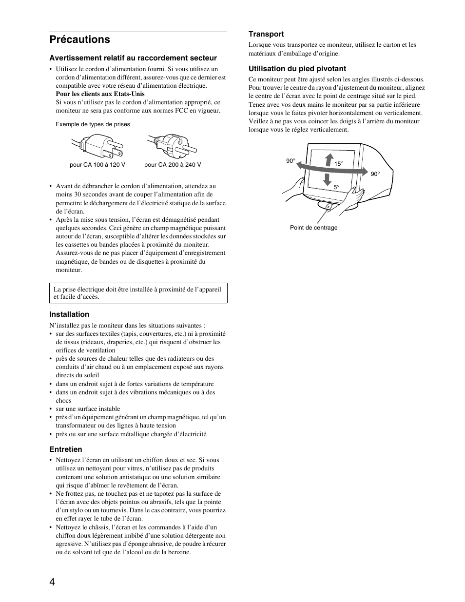 Précautions, 4précautions | Sony CPD-G420S User Manual | Page 24 / 64