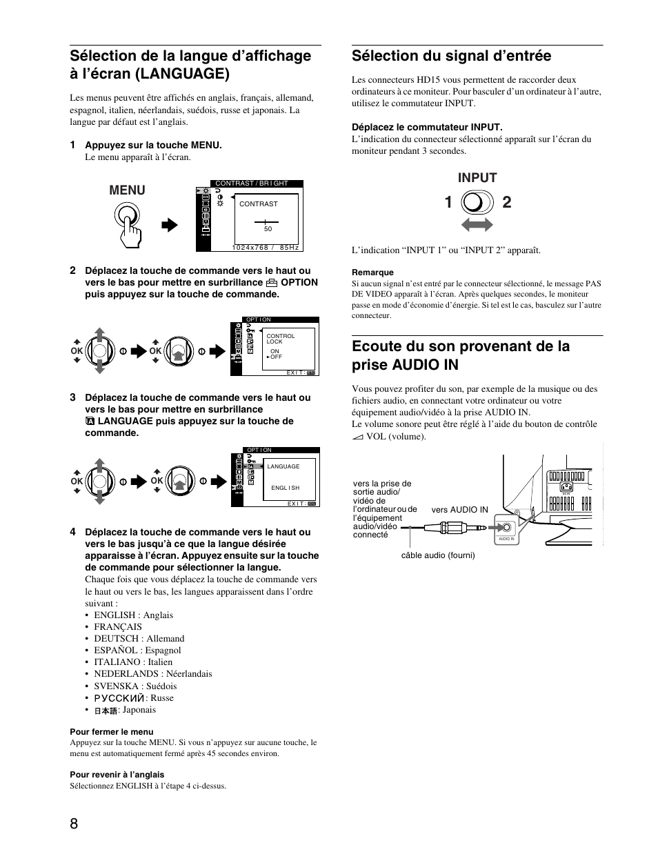 Sélection du signal d’entrée, Ecoute du son provenant de la prise audio in, Selección de la señal de entrada | Menu, Input | Sony CPD-G420S User Manual | Page 28 / 64