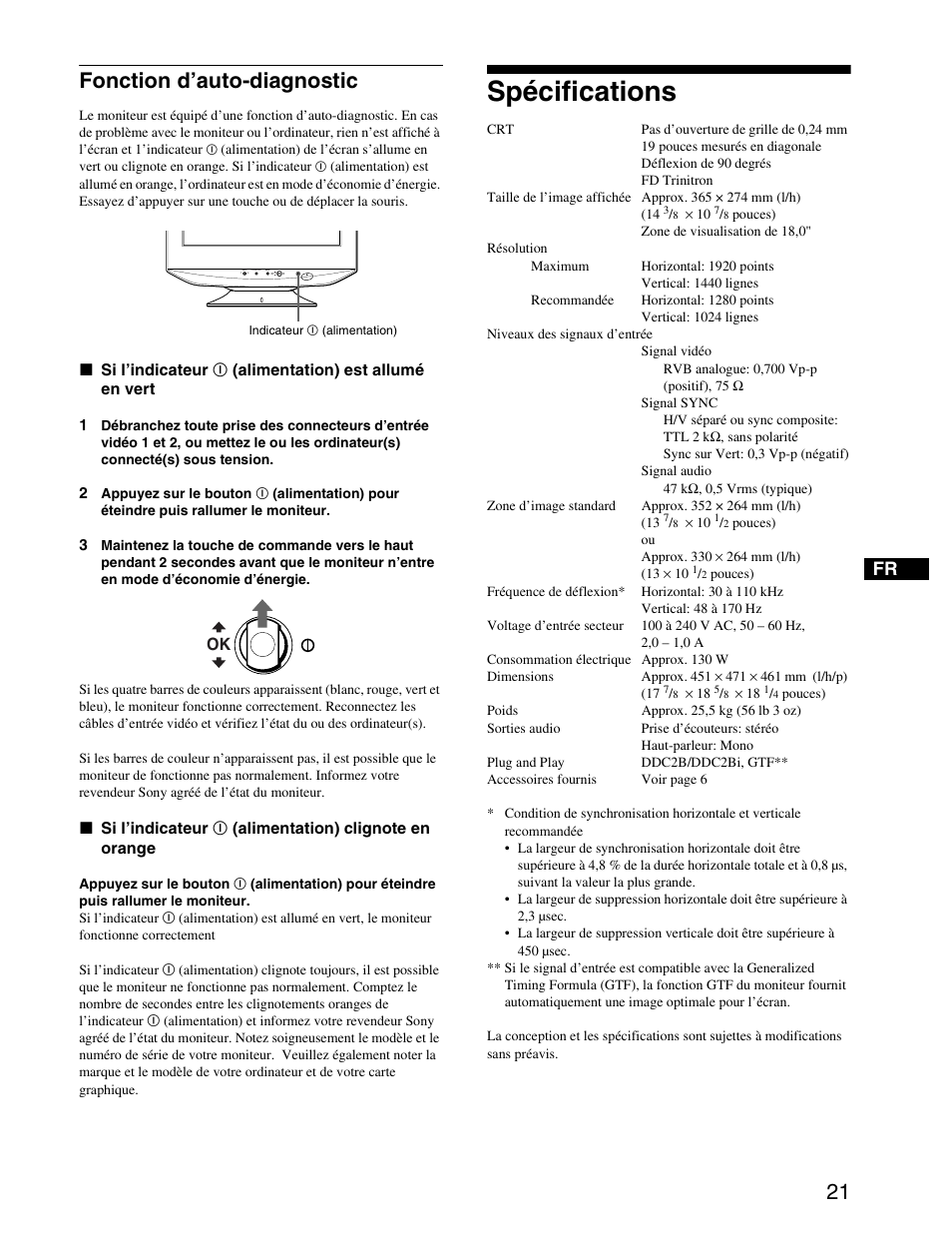 Fonction d’auto-diagnostic, Spécifications | Sony CPD-G420S User Manual | Page 41 / 64