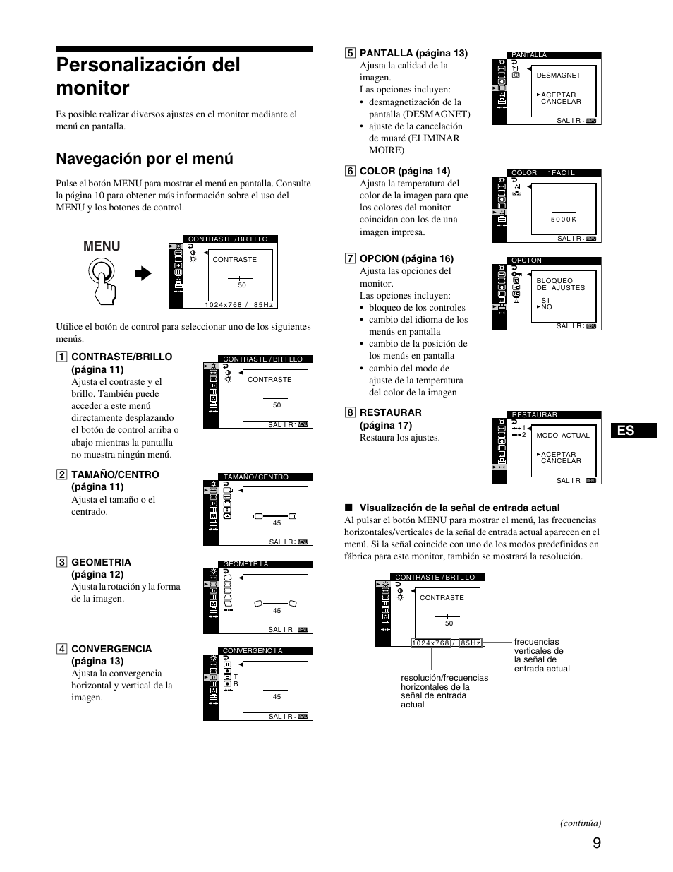 Navegación por el menú, Personalización del monitor, Menu | Sony CPD-G420S User Manual | Page 49 / 64