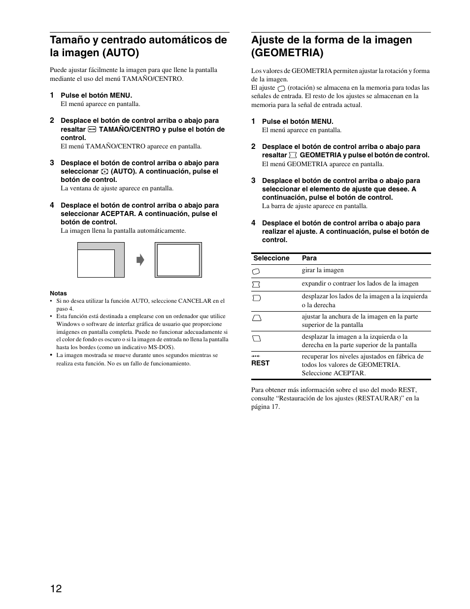 Tamaño y centrado automáticos de la imagen (auto), Ajuste de la forma de la imagen (geometria) | Sony CPD-G420S User Manual | Page 52 / 64