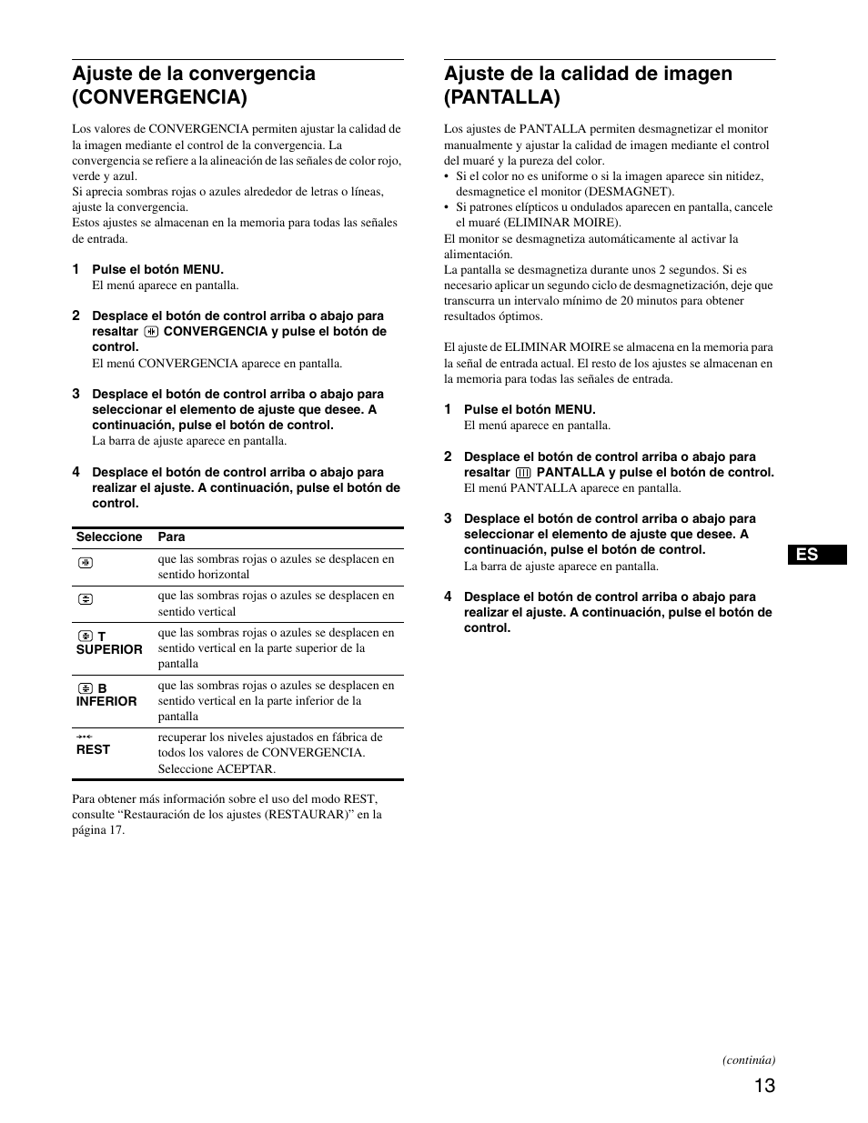 Ajuste de la convergencia (convergencia), Ajuste de la calidad de imagen (pantalla) | Sony CPD-G420S User Manual | Page 53 / 64