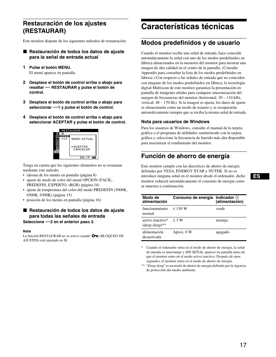 Modos predefinidos y de usuario, Función de ahorro de energía, Características técnicas | Restauración de los ajustes (restaurar) | Sony CPD-G420S User Manual | Page 57 / 64