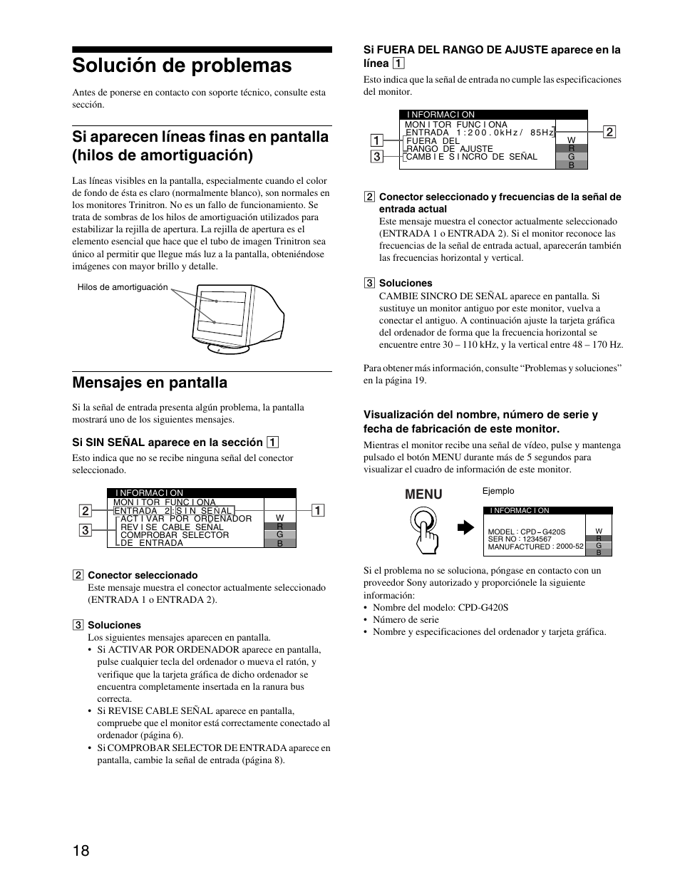 Mensajes en pantalla, Solución de problemas, Menu | Sony CPD-G420S User Manual | Page 58 / 64