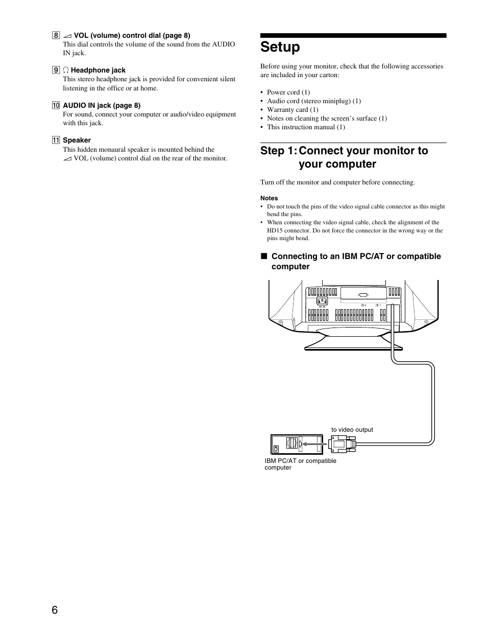 Setup, Step 1: connect your monitor to your computer, Step 1 | Sony CPD-G420S User Manual | Page 6 / 64