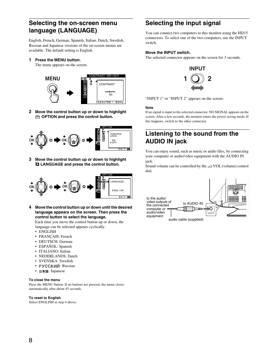 Selecting the on-screen menu language (language), Selecting the input signal, Listening to the sound from the audio in jack | 8selecting the on-screen menu language (language), Menu, Input | Sony CPD-G420S User Manual | Page 8 / 64