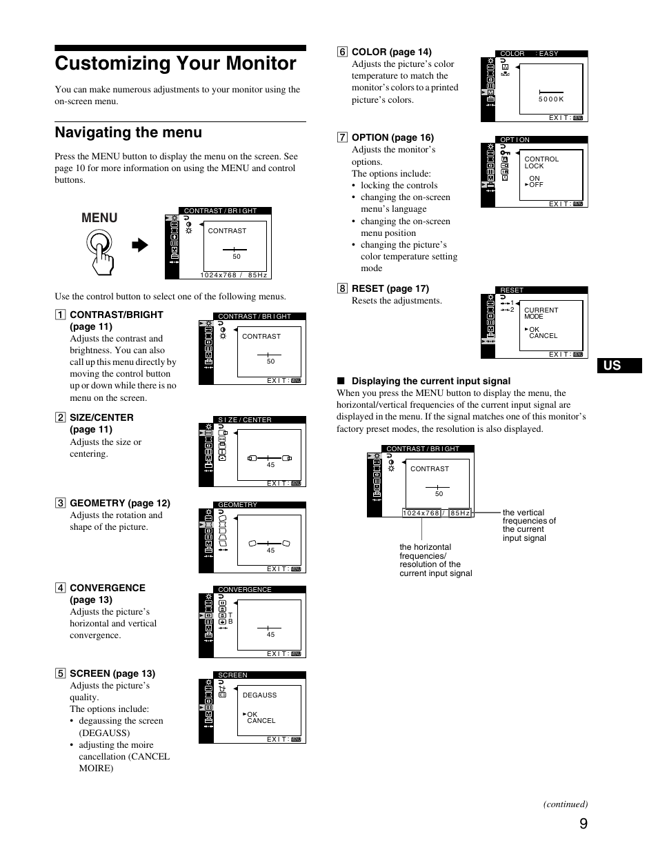 Customizing your monitor, Navigating the menu, Menu | Sony CPD-G420S User Manual | Page 9 / 64