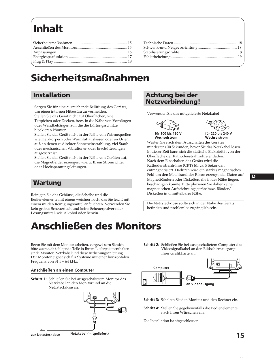 Inhalt sicherheitsmaßnahmen, Anschließen des monitors, Installation | Wartung, Achtung bei der netzverbindung | Sony CPD-17F03 User Manual | Page 15 / 33