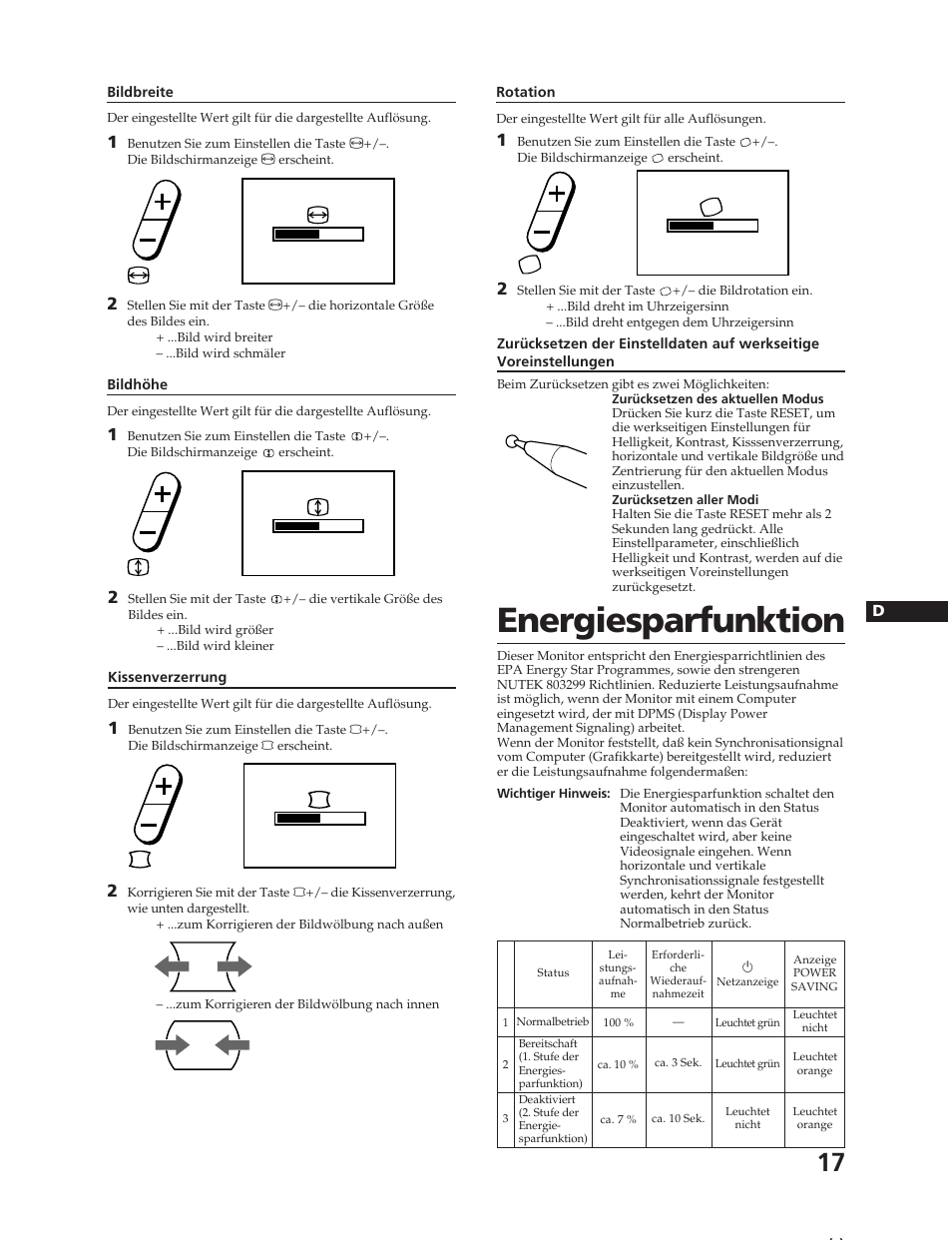 Energiesparfunktion | Sony CPD-17F03 User Manual | Page 17 / 33