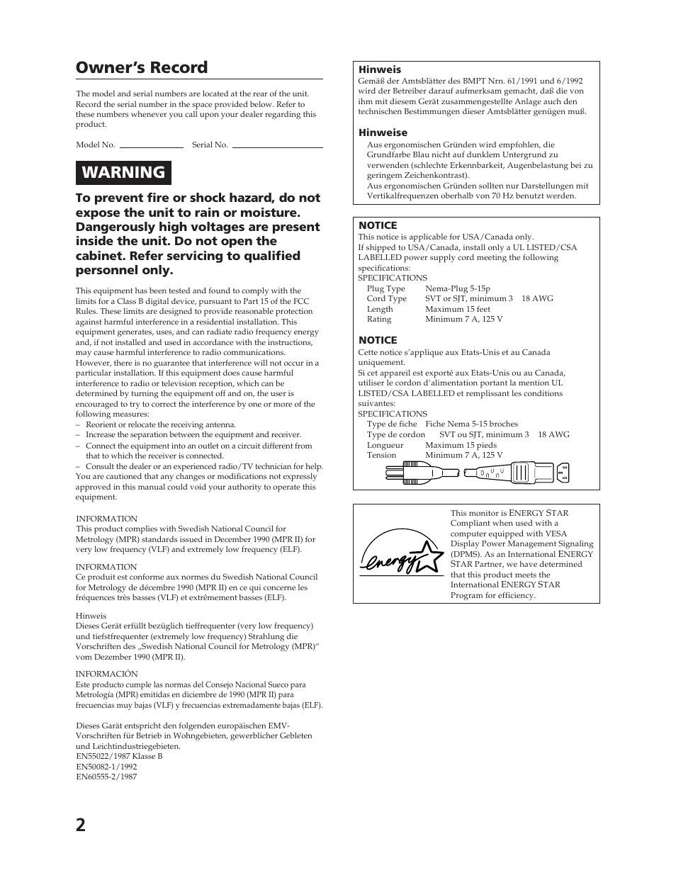 Owner’s record, Warning | Sony CPD-17F03 User Manual | Page 2 / 33